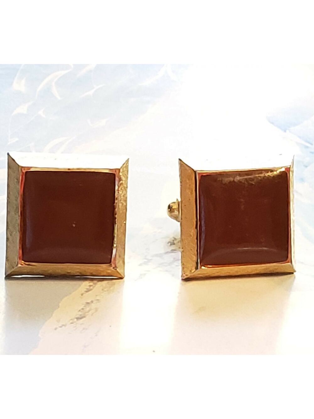 Dante Vintage Cuff Links Brushed Gold Tone Brown Lucite, Designer‎ Cufflinks cl-